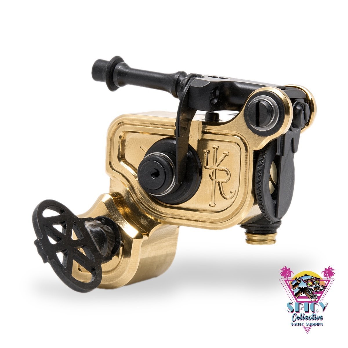 Dan Kubin V3/24 Sidewinder Gold x Black Clip Cord, Rotary-Tätowiermaschine mit vergoldetem Rahmen und schwarzen Details
